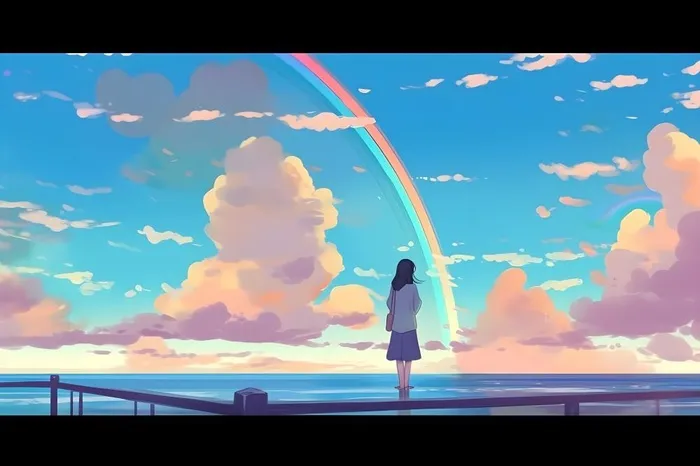 天空彩虹白云毕业的女孩插画背景(5376x3584)