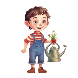 小男孩拿着水壶水桶浇水绿植草人物插画免抠