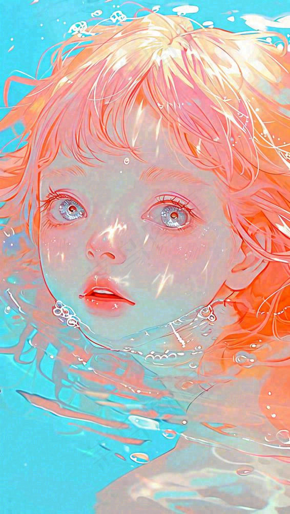 海底世界金鱼鱼类和小女孩人物游泳(816x1440)