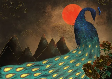 国潮鎏金复古烫金国风孔雀仙鹤装饰画素材PSD