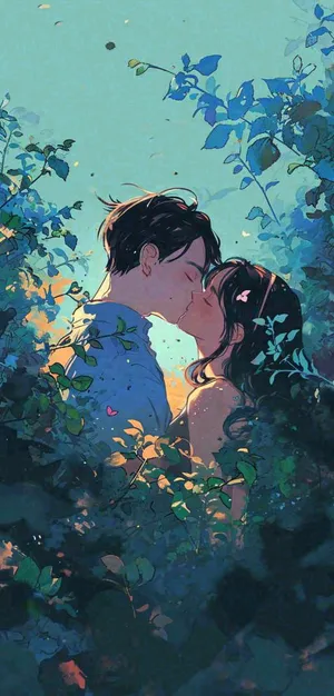 森林花丛里情侣拥抱亲吻爱情手绘插画，情人节