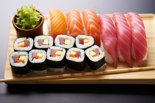 寿司三文鱼鱼籽手握美食摄影图