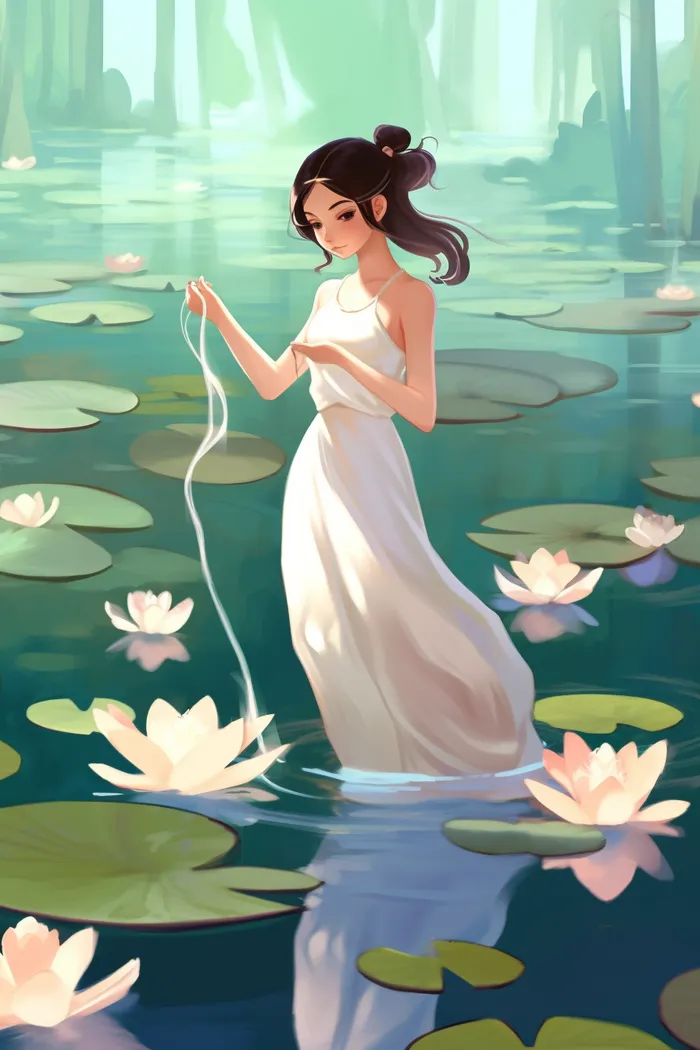白裙子少女在睡莲池塘中嬉水唯美卡通插画(x)