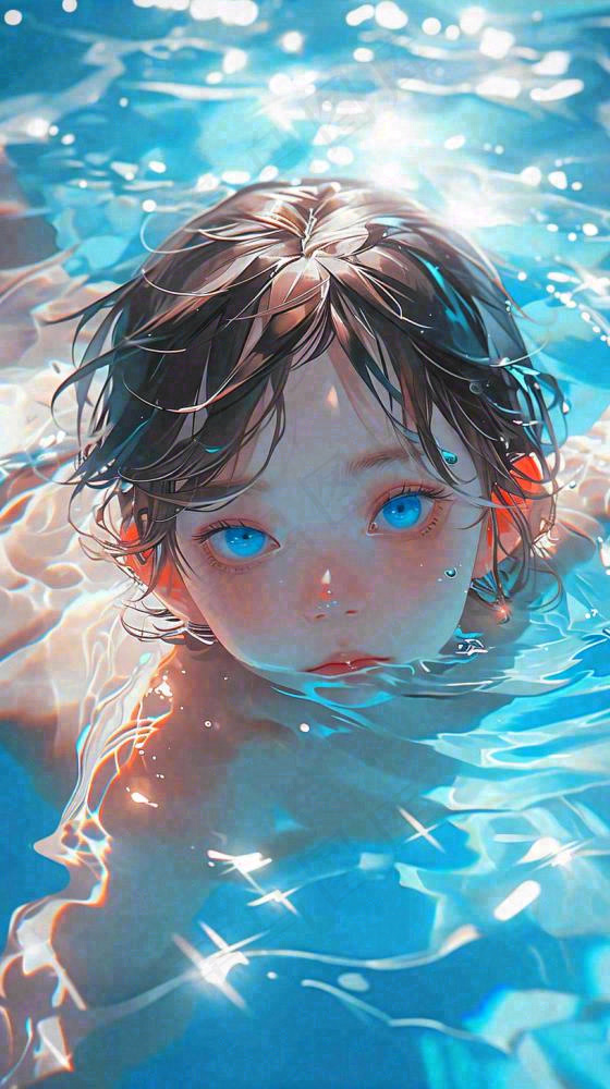 夏天儿童男孩水里游泳戏水，小暑大暑