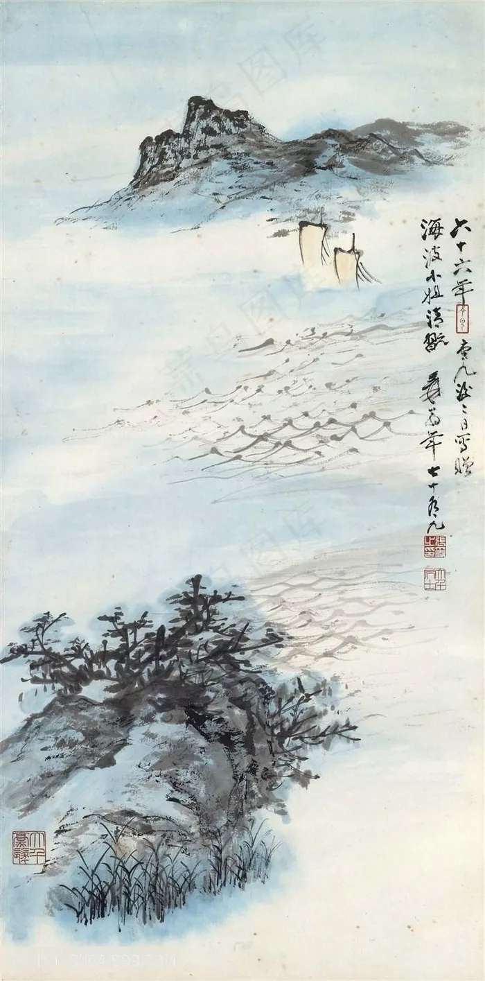张大千山川大海帆船风景国画图片