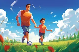 父亲孩子踢球运动插画背景