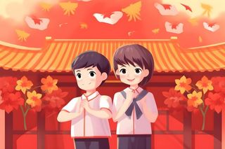 学生中国红祖国繁花背景