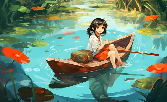 在湖中划船的女孩睡莲绿叶插画海报背景(5632x3456)