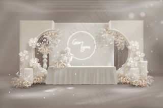 白色香槟色简约小清新婚礼效果图迎宾签到区