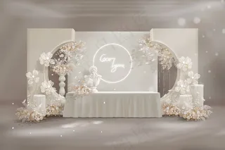 白色香槟色简约小清新婚礼效果图迎宾签到区