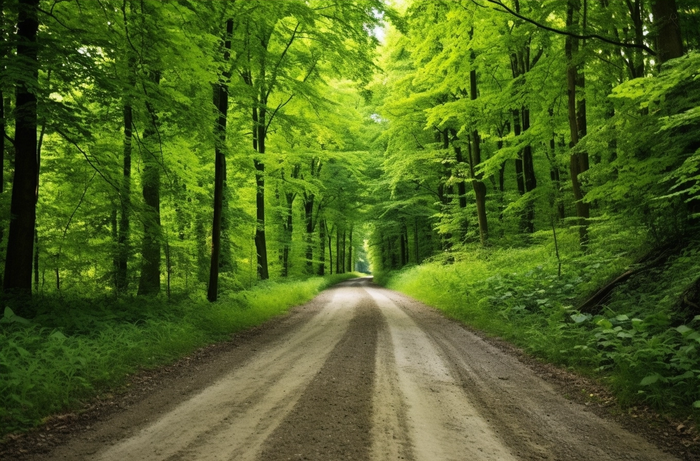 绿色茂密的森林中间有一条土路摄影图