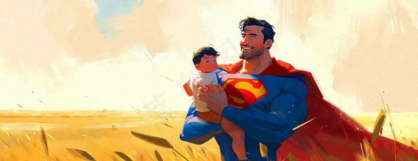 秋天麦田里的超人爸爸,父亲节父爱温馨,陪伴孩子插画 秋天麦田里的超人爸爸,父亲节父爱温馨,陪伴孩子插画