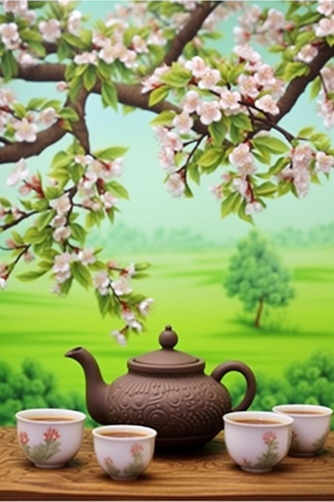 茶壶杯子梨花绿色背景(896x1344)