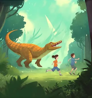 恐龙儿童大自然森林奔跑插画海报素材背景