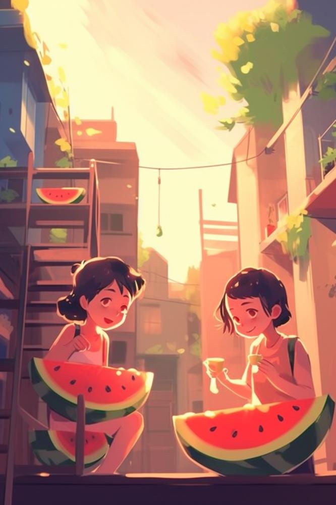 夏日卡通插画儿童吃西瓜动漫风背景(896x1344)