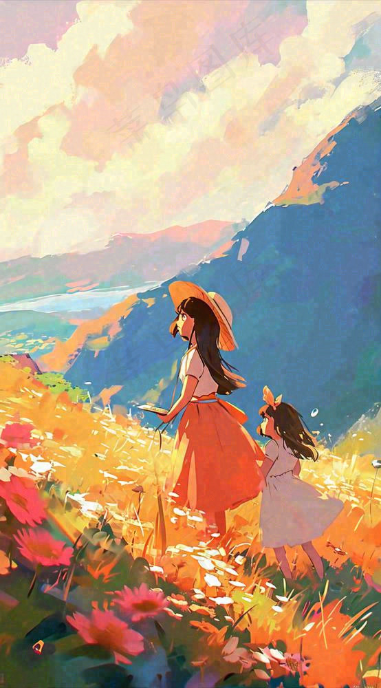油画女孩春天踏青郊游山脉鲜花草地，春分，插画手绘(816x1472)