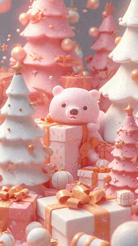 礼物粉色唯美C4D效果儿童小熊，圣诞树圣诞节(816x1456)