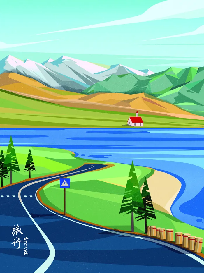 道路风光景色绘画PSD素材