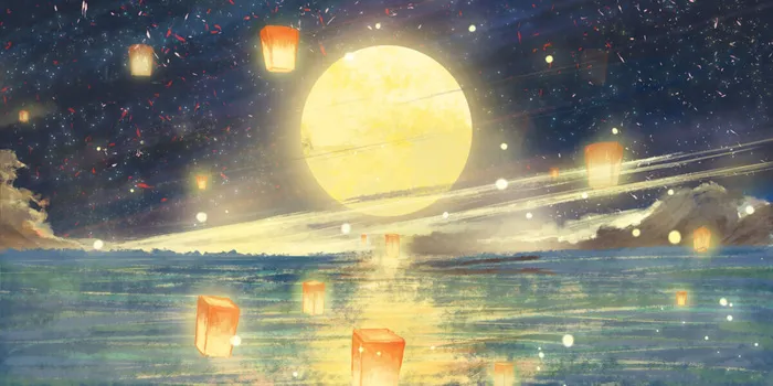 中元节河灯风景唯美插画背景素材