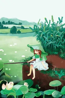 小女孩钓鱼荷叶夏至插画墨绿色休闲度假 小女孩钓鱼荷叶夏至插画墨绿色休闲度假