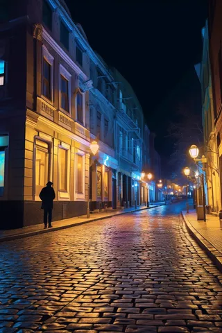 夜晚街区街道路灯月亮摄影图