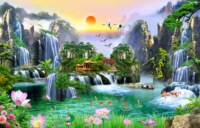 流水生才荷花洪烈风景