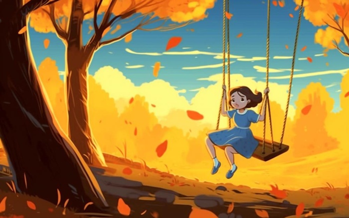 秋天女孩在树上荡秋千黄色落叶插画背景(1376x864)
