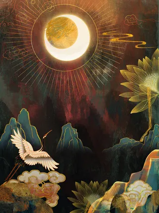 国潮中国风复古敦煌岩彩山水祥云插画烫金肌理背景PSD设计素材