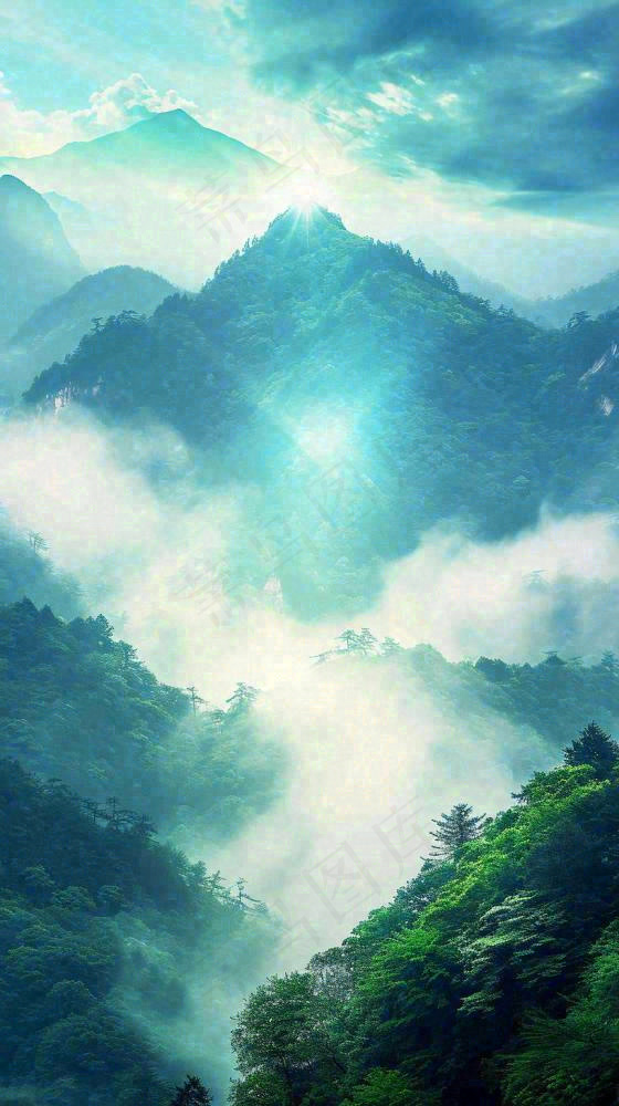 中国风高山绿植森林丛林，阳光蓝天白云，户外(816x1456)