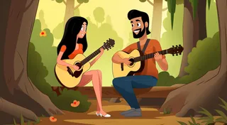 两个年轻人坐在树上弹吉他插画配图