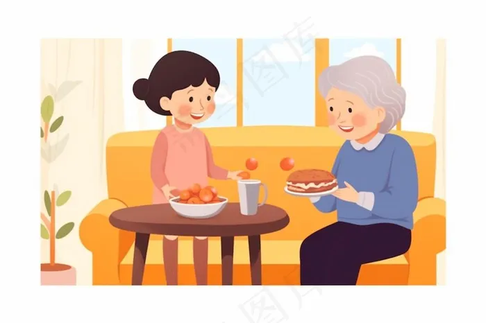 奶奶孙女品尝美食陪伴欢乐插画素材背景(1344x896)