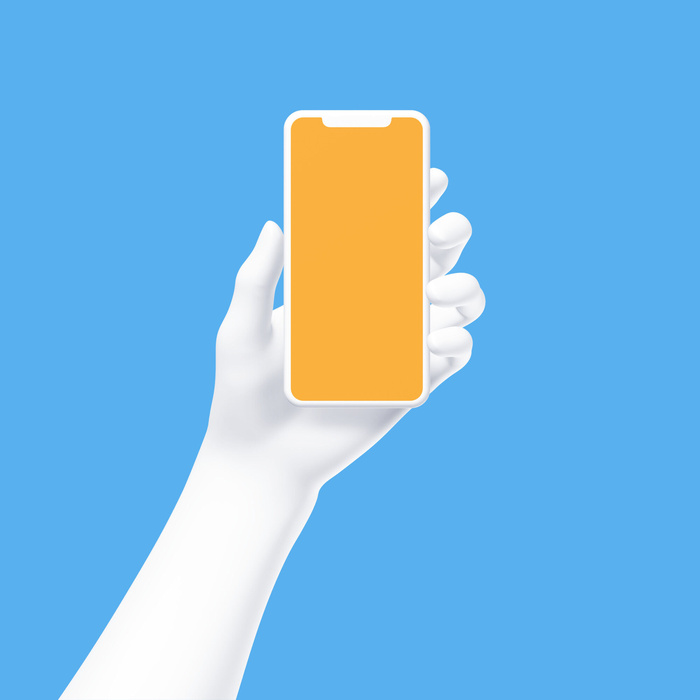 蓝色手持苹果手机插画展示样机