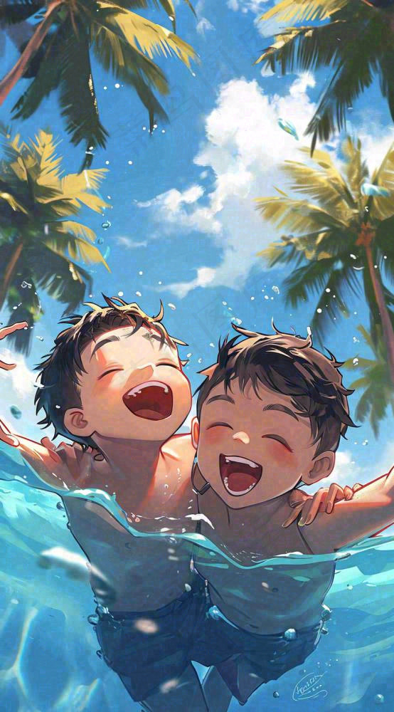 夏天火辣阳光少年游泳清爽插画，夏至夏季小暑大暑暑假(816x1472)