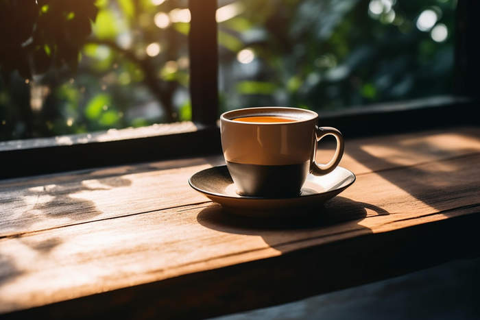 窗台上的咖啡杯阳光摄影图