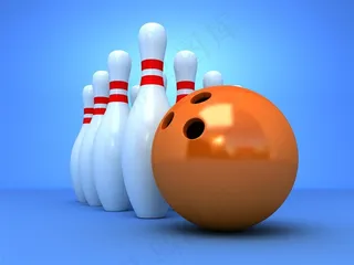 蓝色背景上的保龄球和白色瓶子