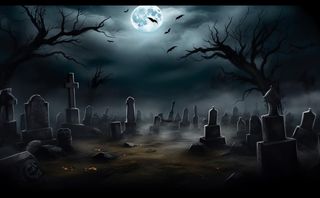 万圣节夜晚坟墓恐怖月色树林插画蓝黑色背景