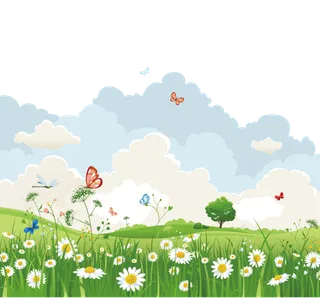 花朵蜻蜓与花草丛卡通绘画免抠素材