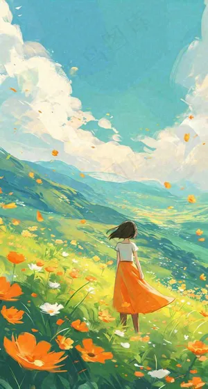 春日浪漫山脉鲜花草坪里的女孩，油画手绘插画，春分