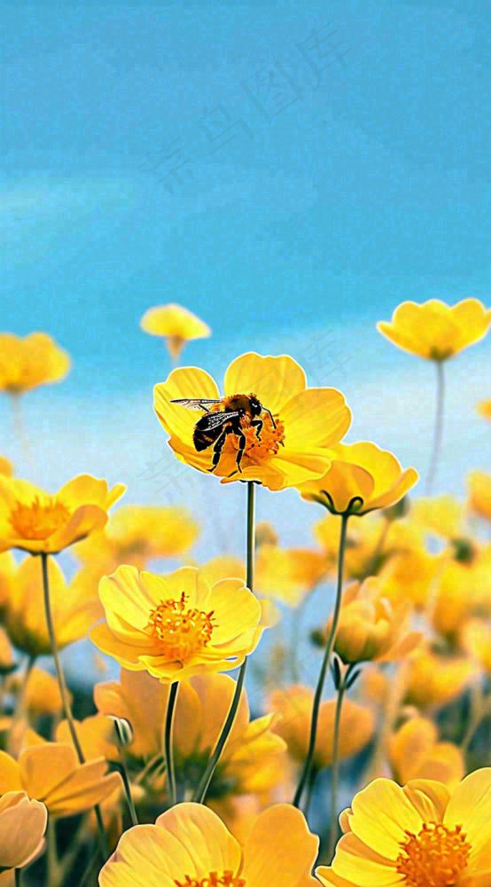 清新春天蓝天花丛黄色小花朵蜜蜂，春分摄影图(816x1472)