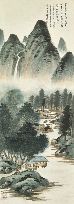 张大千依山傍水国画图片 张大千依山傍水国画图片