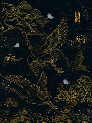 复古中国风国潮手绘烫金仙鹤锦鲤凤凰建筑黑金线描插画PS设计素材