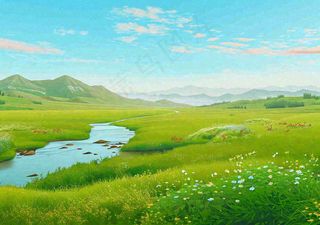 春日旅行草坪草丛花朵河流小溪野外郊游插画，春分