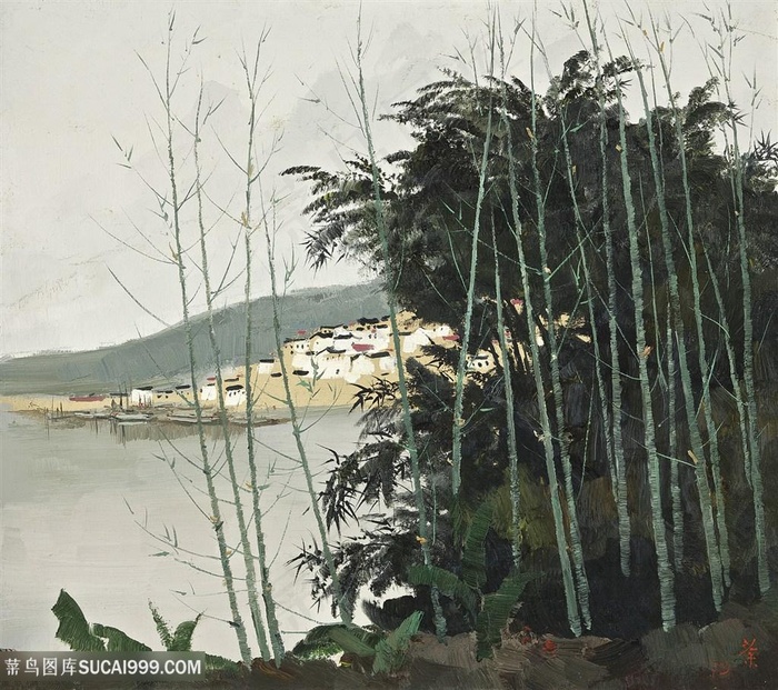 吴冠中手绘水墨湖畔乡村美景装饰画