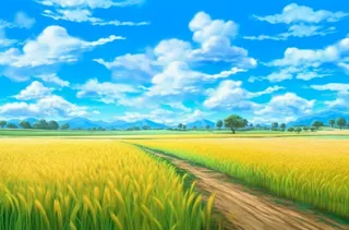 蓝天下的稻田黄色的稻谷插画背景