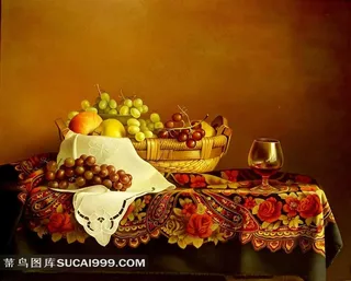 葡萄水果红酒静物油画