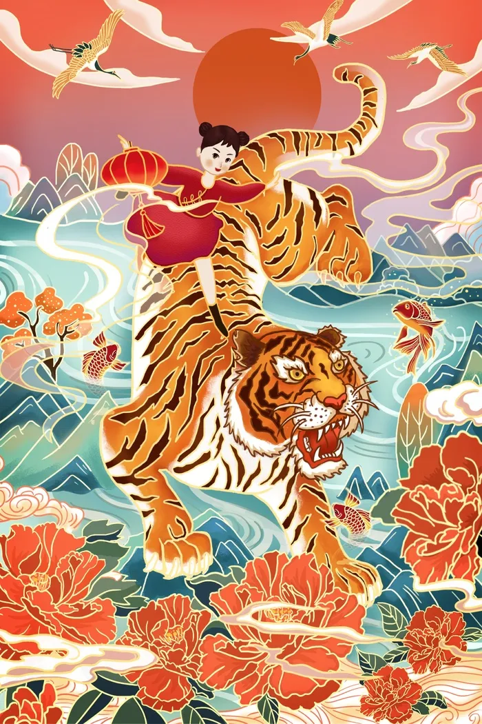 虎年中国风萌虎插画psd模版下载