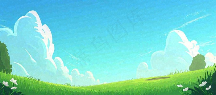 春天卡通扁平插画手绘蓝天绿色草地，春游，郊游，踏青(1632x720)