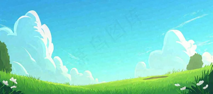 春天卡通扁平插画手绘蓝天绿色草地，春游，郊游，踏青(1632x720)