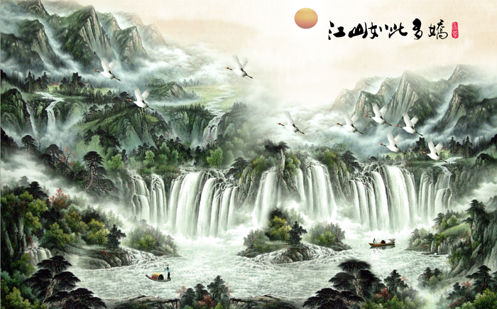 鸿运当头财源滚滚高山流水流水生财源远流长一帆风顺帆船装饰画psd模版下载