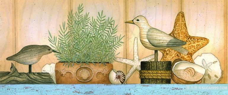唯美海鸥海星复古油画